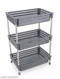 Gray 3-layer kitchen storage organizer rack, durable plastic and stainless steel fruit & vegetable holder