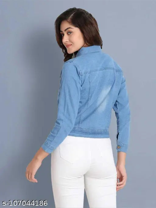 Lightblue denim jacket, long sleeves, solid pattern by Kashian Women from India