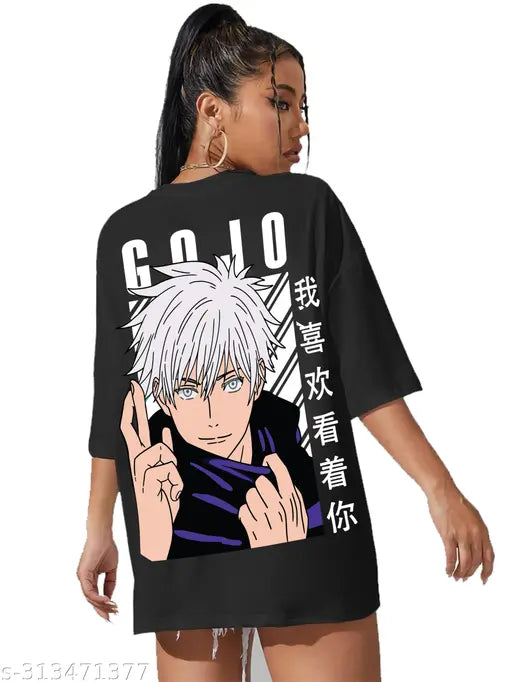 Black cotton GOZO Anime oversized graphic T-shirt with short sleeves, perfect for anime fans. High-quality print on front and back." (125 characters)