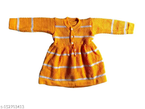 Yellow wool striped kiddie frock with long sleeves, 3-4 years, handcrafted in India