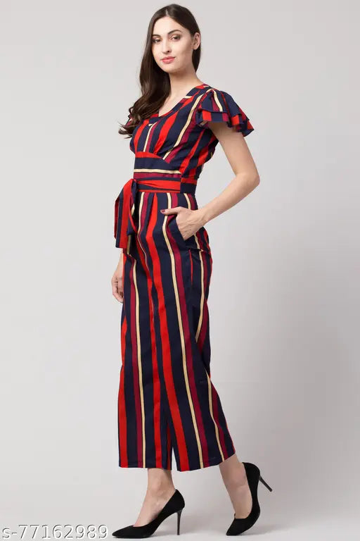 Multicolor stripe crepe jumpsuit for women, ideal for parties or events in various sizes from XS to XL. High-quality fabric ensures an awesome fit, made by Slenor in India
