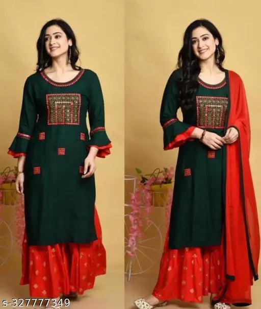 Embroidered rayon kurta set with dupatta and palazzos in various sizes, three-quarter sleeves, Indian origin