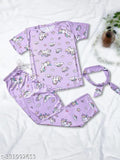 Unicorn print silk night suit set: T-shirt, pajamas, shorts with drawstring elastic waistband. Soft, shiny, and comfortable sleepwear from India
