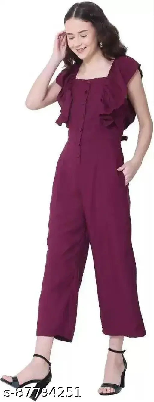 Crepe, solid-pattern women's jumpsuit (S: 34/44/28, M: 36/46/30). Fancy glamorous Indian jumpsuit on mannequin