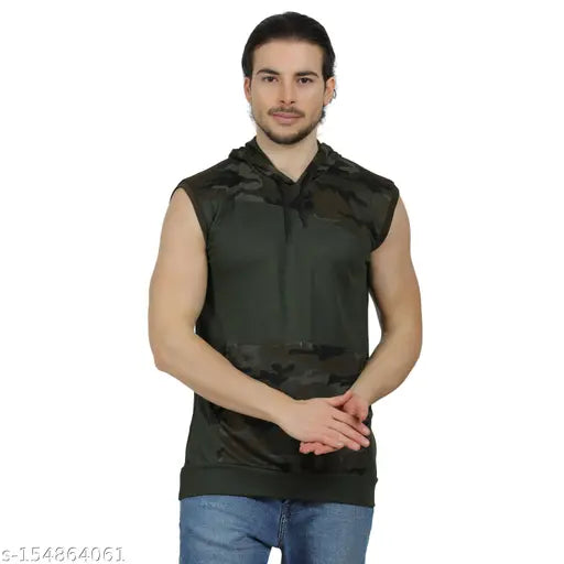 Camouflage sleeveless polyester hoodie for men, perfect for sports and outdoor activities. Made in India