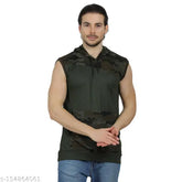 Camouflage sleeveless hoodie t-shirt, men's polyester dry fit fabric for sports, gym, or outdoor activities. Made in India