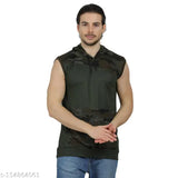 Camouflage sleeveless polyester hoodie for men, perfect for sports and outdoor activities. Made in India