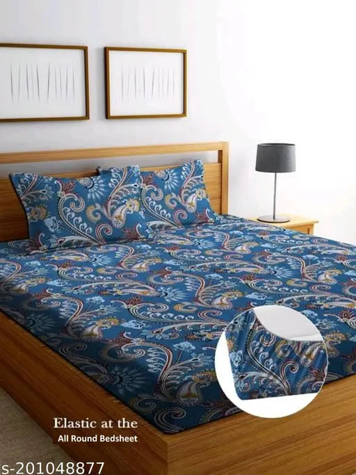 Fitted Glace Cotton Double Bedsheets with 2 Pillow Covers - Superfine, designer style bed sheets in elegant colors for summer, ideal for adults on hard surfaces