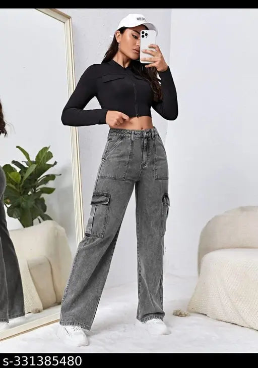 Carbon black denim 6-pocket bell bottom jeans, trendy women's regular length (28/30/32)