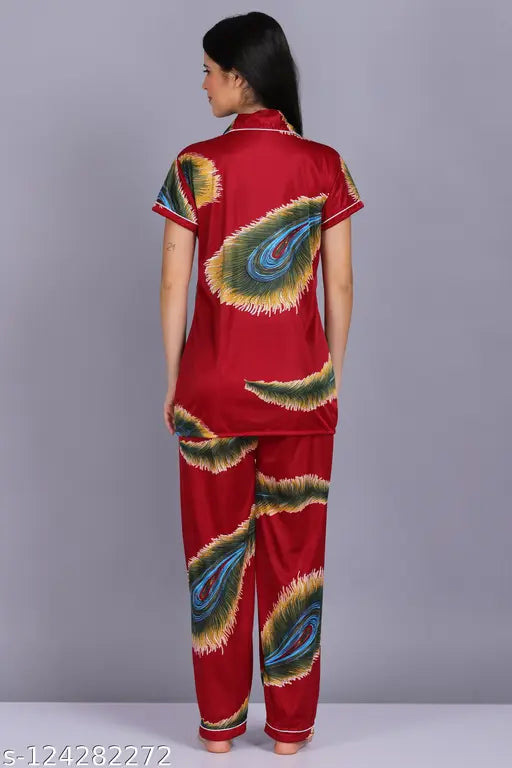 Golden Diva peacock feather printed satin blend nightdress and pyjama set for women, India origin