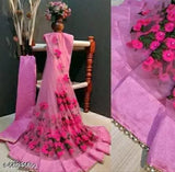 Stylish net saree with embroidered silk blouse, trendy Indian women's fashion accessory