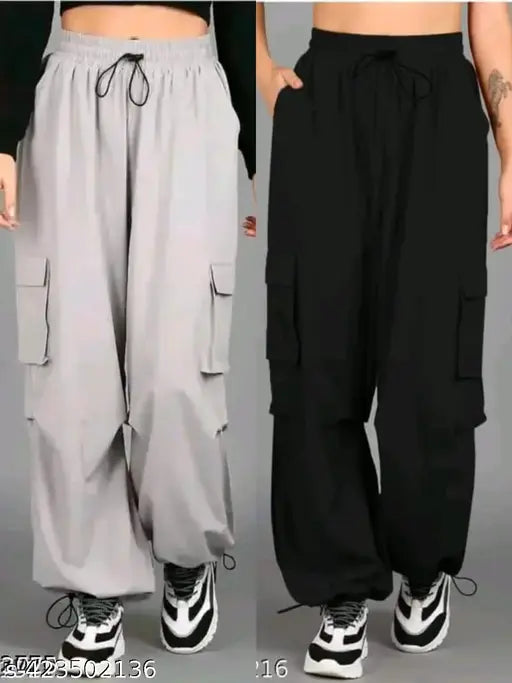 Grey and black loose fit cargo jogger pant combo for men, polyester fabric with solid net pattern - available in sizes 26, 28, 30, 32, and 34