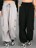 Grey and black loose fit cargo jogger pant combo for men, polyester fabric with solid net pattern - available in sizes 26, 28, 30, 32, and 34