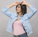 Denim jacket for women, solid color three-quarter sleeves. XXS to L sizes available. India-made casual/formal denim jacket for parties
