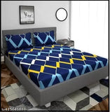 Blue zigzag patterned premium cotton feel elastic fitted bedsheets for double bed, includes 2 king size pillow covers, 72 x 78 inches in size