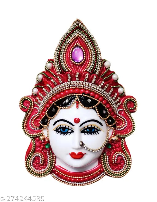 Red plastic Maa Lakshmi face god idol for prosperity and worship, approximately 15x13x4 cm
