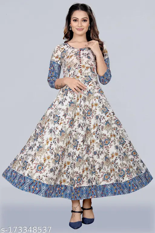 Cotton blend three-quarter sleeve winter kurti, foil printed patched gown for women, India origin