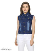 Sleeveless denim lycra blend jacket for women, stylish solid color, India-made