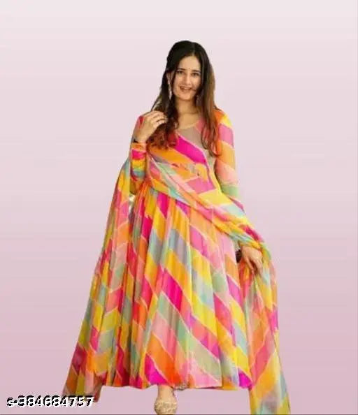 Women's white Georgette floral Anarkali kurti gown with dupatta, trending casual partywear for festivals and office events. Stitched long-sleeve, round neck, ankle length kurti with printed pattern and georgette fabric dupatta. Sizes available: S, M, L, XL, XXL (bust sizes 34in - 42in). Made in India