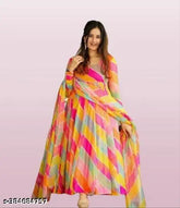 Women's white Georgette floral Anarkali kurti gown with dupatta, trending casual partywear for festivals and office events. Stitched long-sleeve, round neck, ankle length kurti with printed pattern and georgette fabric dupatta. Sizes available: S, M, L, XL, XXL (bust sizes 34in - 42in). Made in India