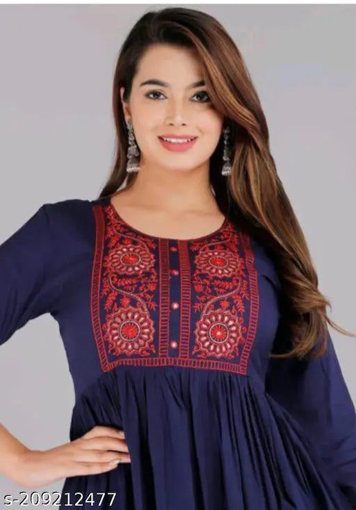 Navy blue rayon embroidered Anarkali kurti for women/girls, three-quarter sleeves, trendy and comfortable attire for special occasions, made in India