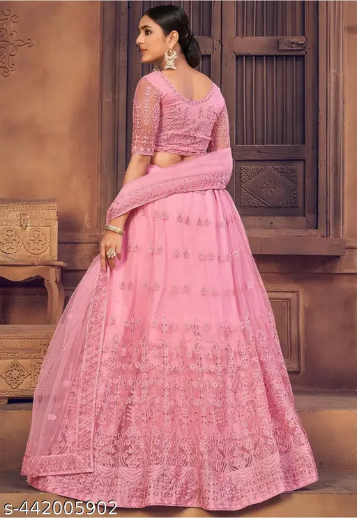 Pink embroidered net lehenga choli for women, intricate Indian ethnic wear