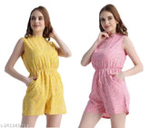 Yellow-Pink printed crepe women's & girls short jumpsuit with side pockets, ideal for special occasions
