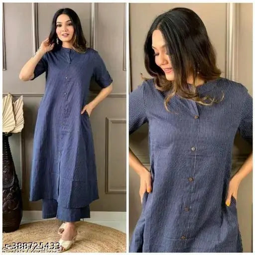 Blue striped cotton Kantha stitch evening coord set for women with three-quarter sleeves, featuring palazzo bottoms