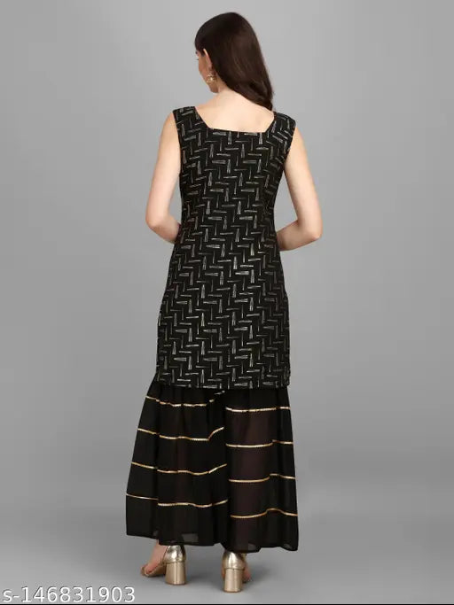 Georgette print net Indian party wear Kurta Sets for women, sleeveless with Sharara bottoms
