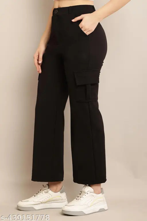 Cream cotton-lycra cargo pants for women, high rise with slanted pockets and flap, straight fit, stretchable, and suitable for casual and formal wear