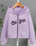 Purple wool girls sweatshirt with printed net pattern, long sleeves for kids aged 4-15 years, India origin