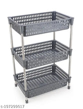 Grey 3-layer Bience Plastic-Stainless Steel Kitchen Trolley with Fruit & Vegetable Baskets and Onion Potato Rack, versatile storage solution for kitchen, bathroom, laundry room, or bedroom