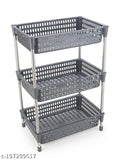 Grey 3-layer Bience Plastic-Stainless Steel Kitchen Trolley with Fruit & Vegetable Baskets and Onion Potato Rack, versatile storage solution for kitchen, bathroom, laundry room, or bedroom