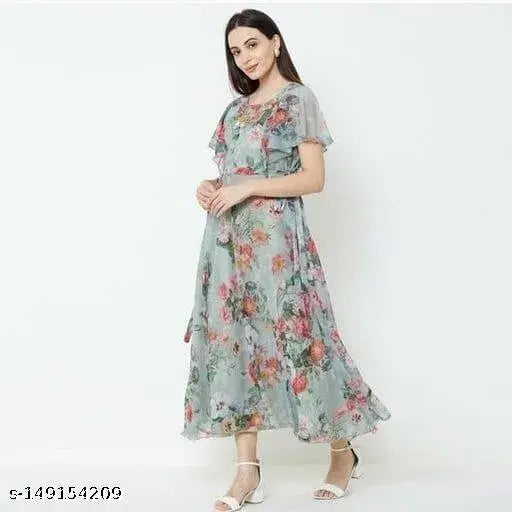 Grey Georgette Printed Kurta, modern western-style dress for women, short sleeves and knee length