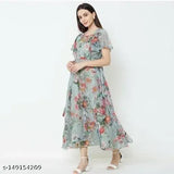 Grey Georgette Printed Kurta, modern western-style dress for women, short sleeves and knee length