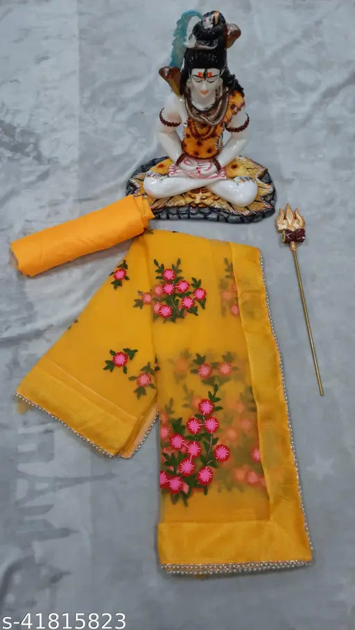 Mustard embroidered net saree with separate satin blouse, Indian fashion