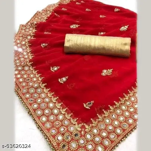 Georgette traditional saree with embroidered mirror work blouse, free size, India