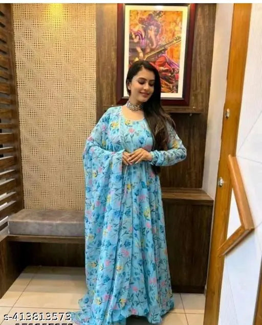 Georgette printed net dress with long sleeves, women's sizes M-XXXL, India-made fashion on mannequin