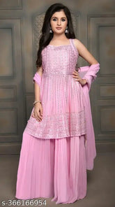 Ethnic Georgette Sharara and Kurti ensemble in solid pattern for kids, celebrating traditional Indian attire