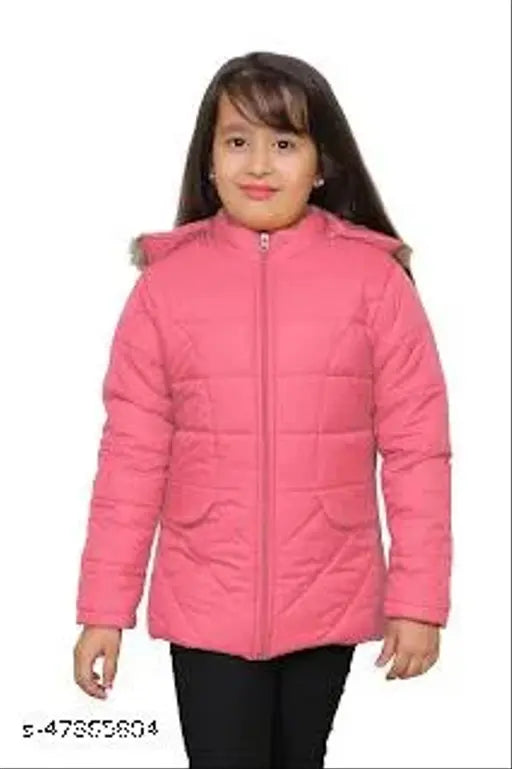 Peach nylon girls jacket & coat, solid pattern, warm and comfortable for kids aged 5-11 years, made in India