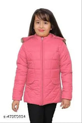 Peach nylon girls jacket & coat, solid pattern, warm and comfortable for kids aged 5-11 years, made in India