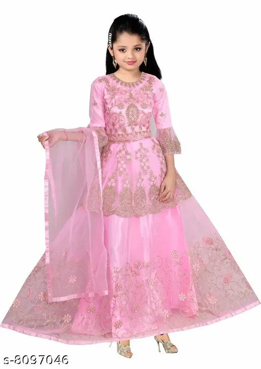 Attractive net Lehanga Choli with long sleeves, embellished party wear for girls (age 3-4), India origin