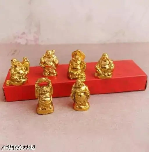 Golden Laughing Buddha set of 6, Feng Shui home decorative showpieces made of polystone (gold), Vastu figurines for wealth and success