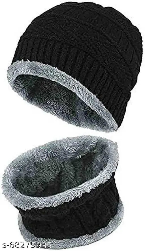 Green woolen winter cap with neck warmer (black), textured beanie perfect for men's daily activities like skiing, cycling, hiking, or traveling. Made in India