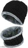 Green woolen winter cap with neck warmer (black), textured beanie perfect for men's daily activities like skiing, cycling, hiking, or traveling. Made in India