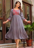 Grey rayon malti embroidered top with three-quarter sleeves, Indian fashion
