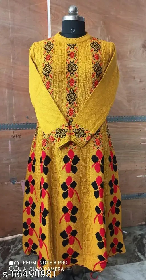 Women's mustard woolen Anarkali kurti with long sleeves and printed combo, free size (42in bust, 43in length), origin India