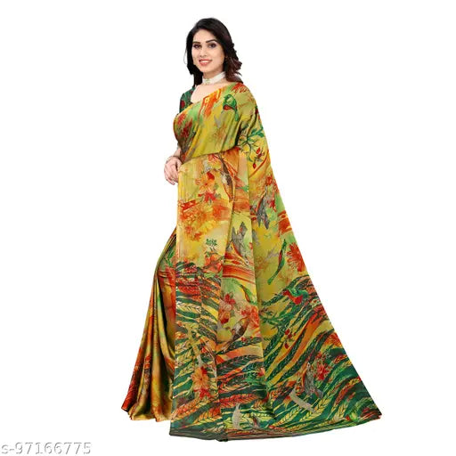 Forest Red Green chiffon saree with printed design and matching running blouse, daily wear for women, Indian origin