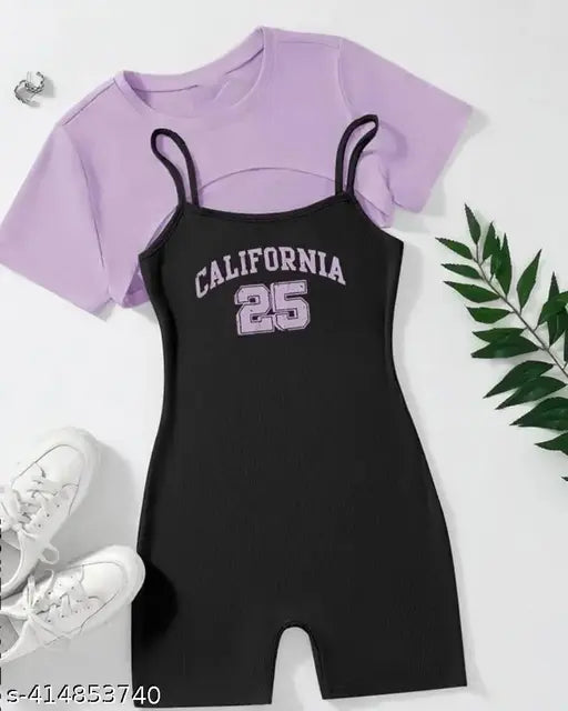 Designer combo of Lyocell romper and upper top, stylish cropped top with printed romper, Indian-origin sustainable fashion wear