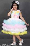 Multicolor net party dress for baby girls, colorblocked frock with sleeveless design